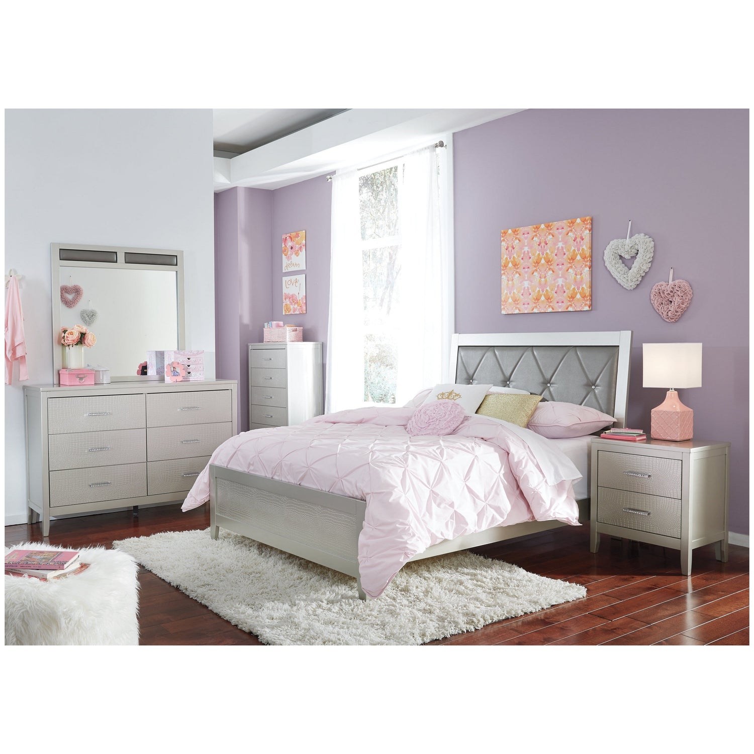 Olivet Full Upholstered Panel Bed, Dresser, Mirror, Chest and Nightstand Ash-B560B14