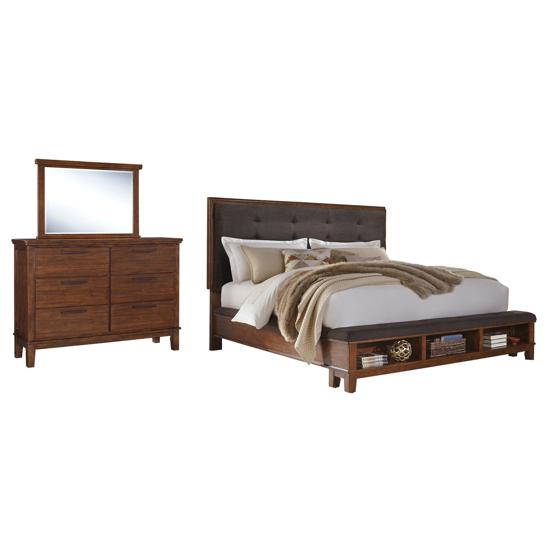 Ralene Queen Upholstered Storage Bed with Mirrored Dresser Ash-B594B3