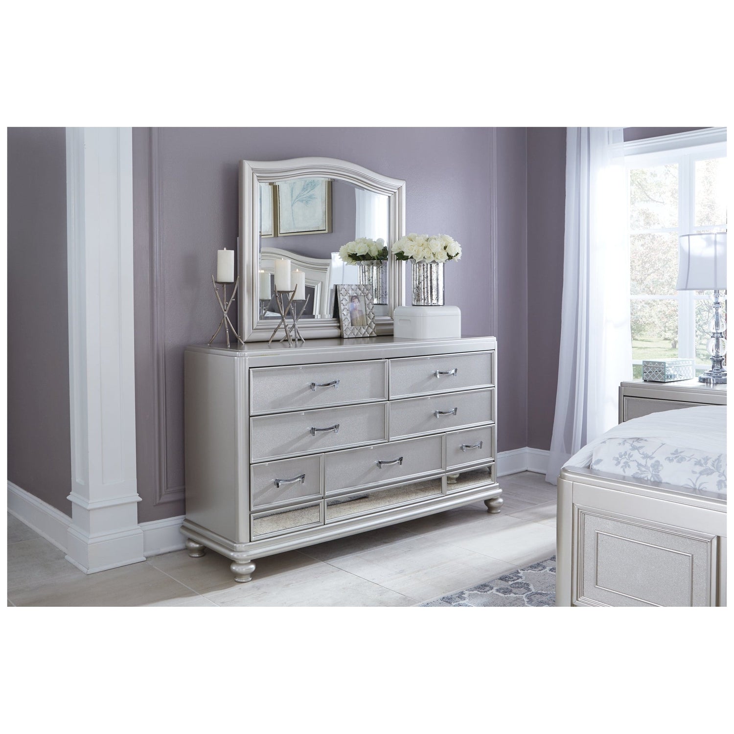 Coralayne Queen Upholstered Bed, Dresser, Mirror, Chest and Nightstand Ash-B650B32