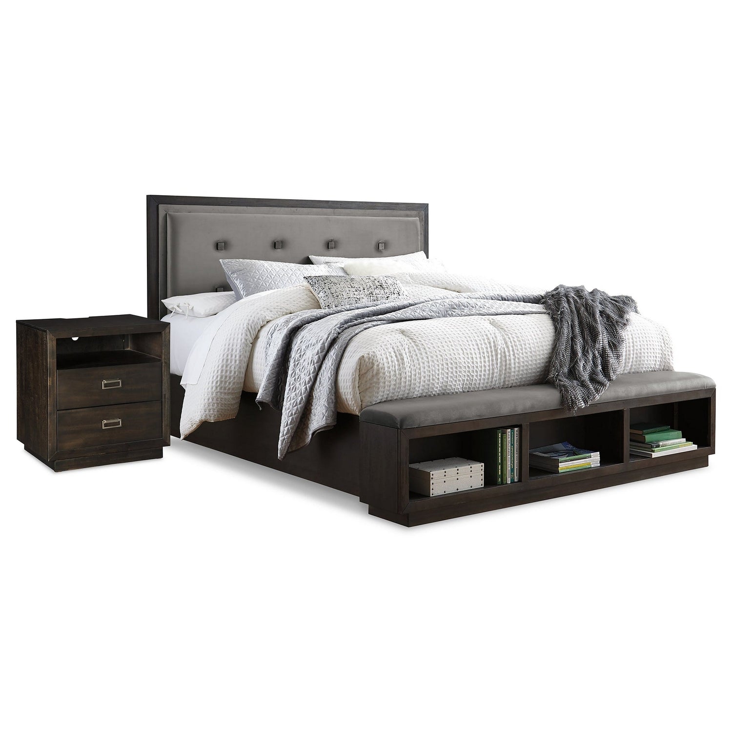Hyndell King Upholstered Storage Bed and Nightstand Ash-B731B16