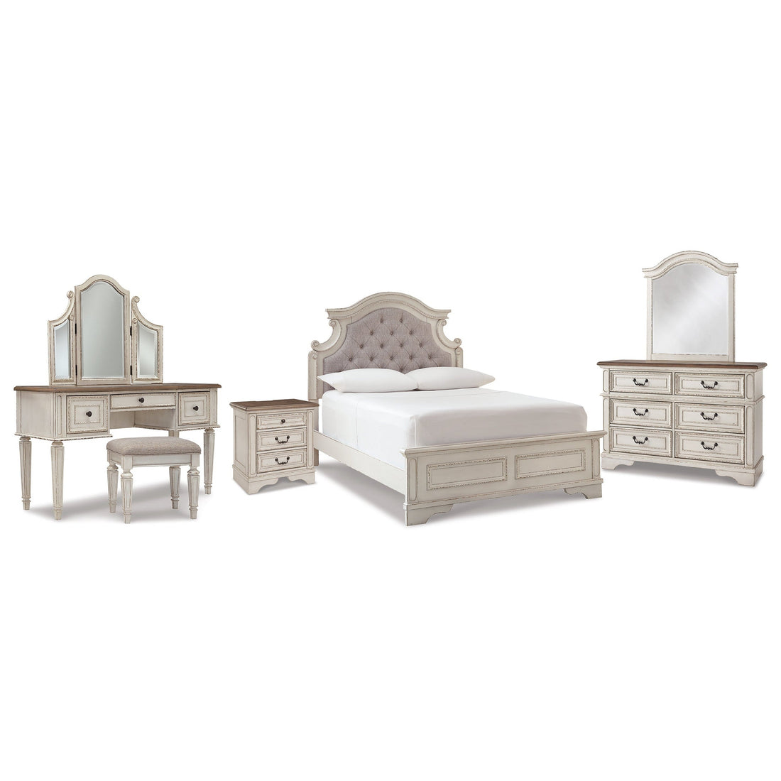 Realyn Full Panel Bed, Dresser, Mirror, 3-Piece Vanity and Nightstand Ash-B743B27