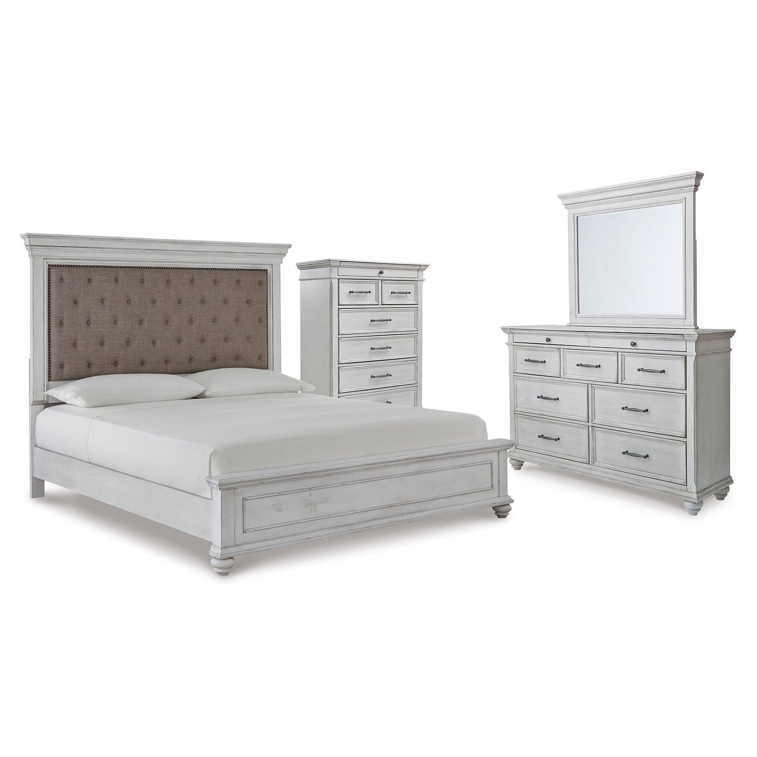Kanwyn King Upholstered Panel Bed, Dresser, Mirror and Chest Ash-B777B18