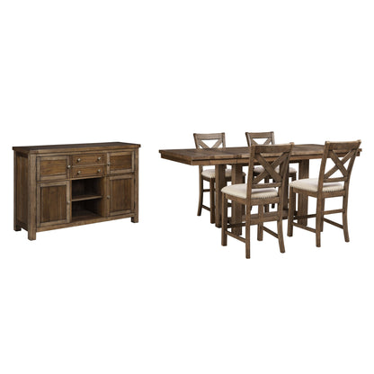 Moriville Counter Height Dining Table, 4 Barstools and Server Ash-D631D8
