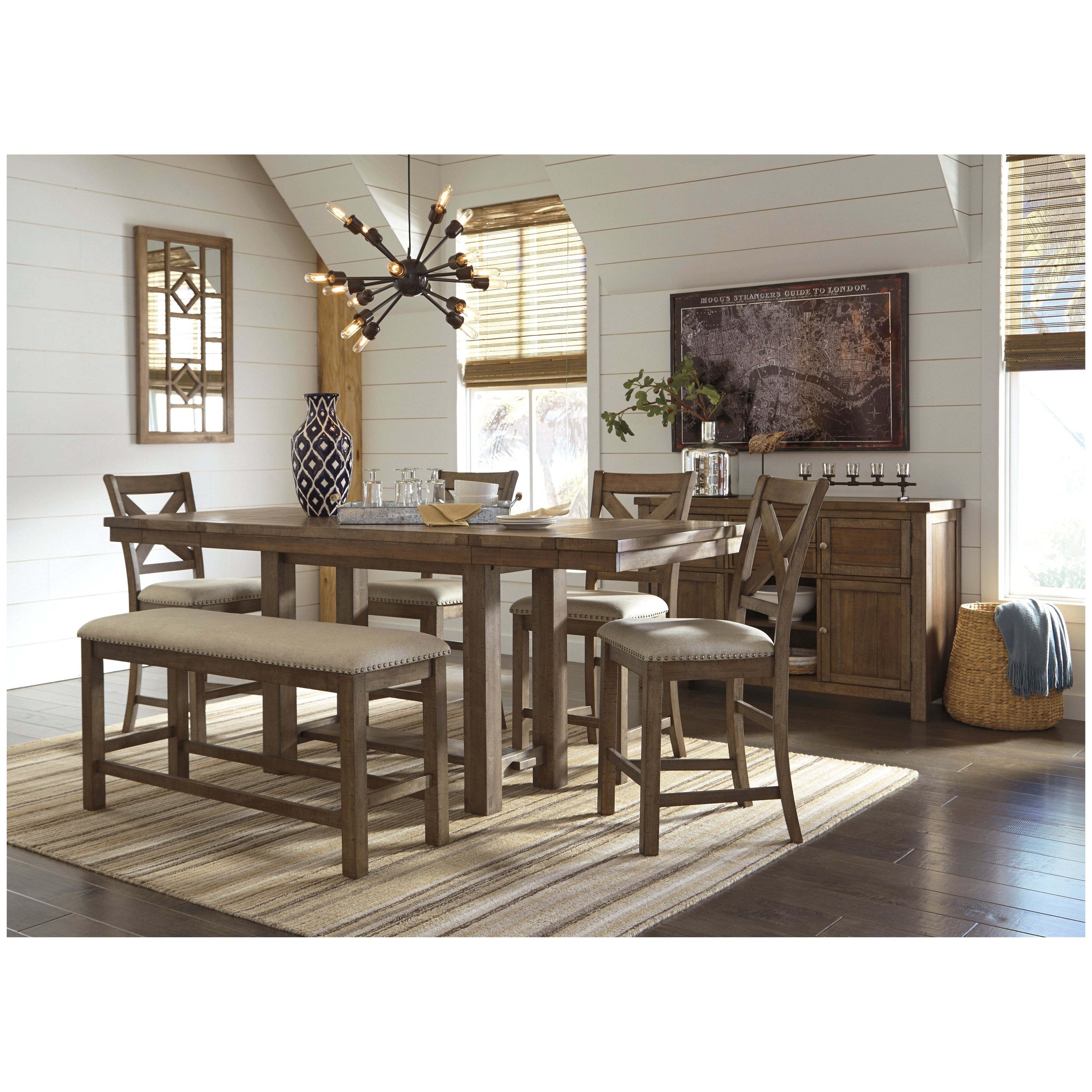 Moriville Counter Height Dining Table with 4 Barstools, Bench, and Server Ash-D631D4