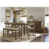 Moriville Counter Height Dining Table with 4 Barstools, Bench, and Server Ash-D631D4