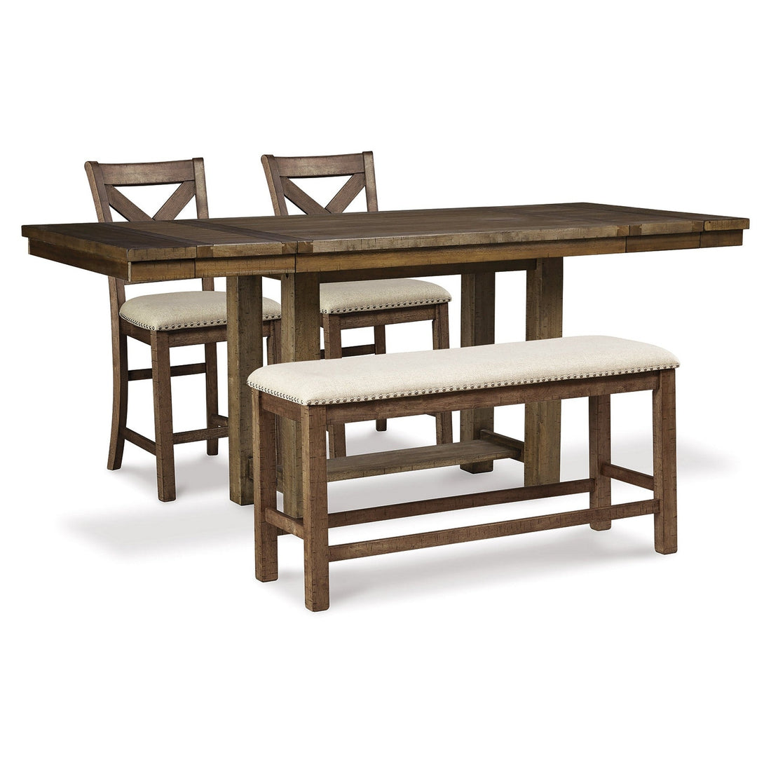 Moriville Counter Height Dining Table and 2 Barstools and Bench Ash-D631D9