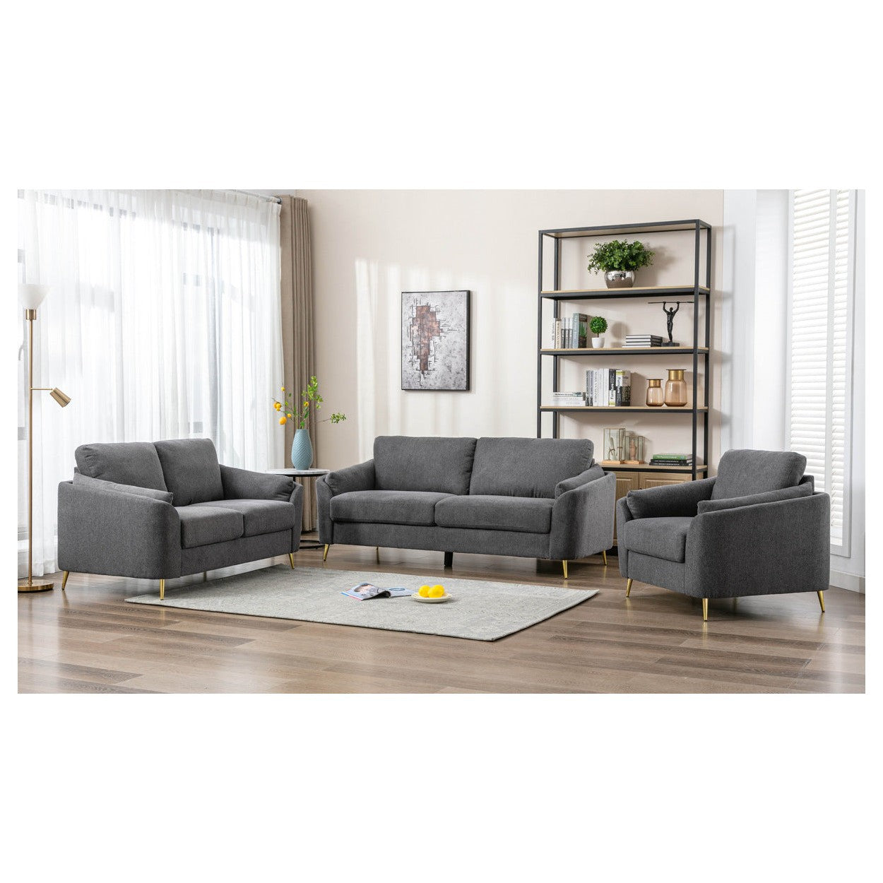 SOFA, DARK GREY WITH GOLD METAL LEGS HM5208DG-3