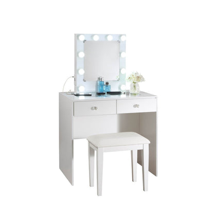 WHITE MAKEUP VANITY WITH 10 LIGHTS AND USB AND POWER OUTLET AND STOOL HM7878WH-15