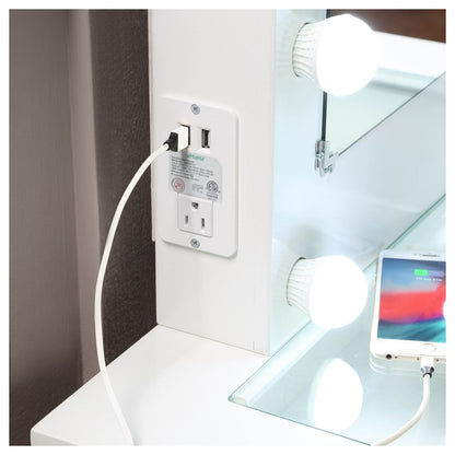 WHITE MAKEUP VANITY WITH 10 LIGHTS AND USB AND POWER OUTLET AND STOOL HM7878WH-15