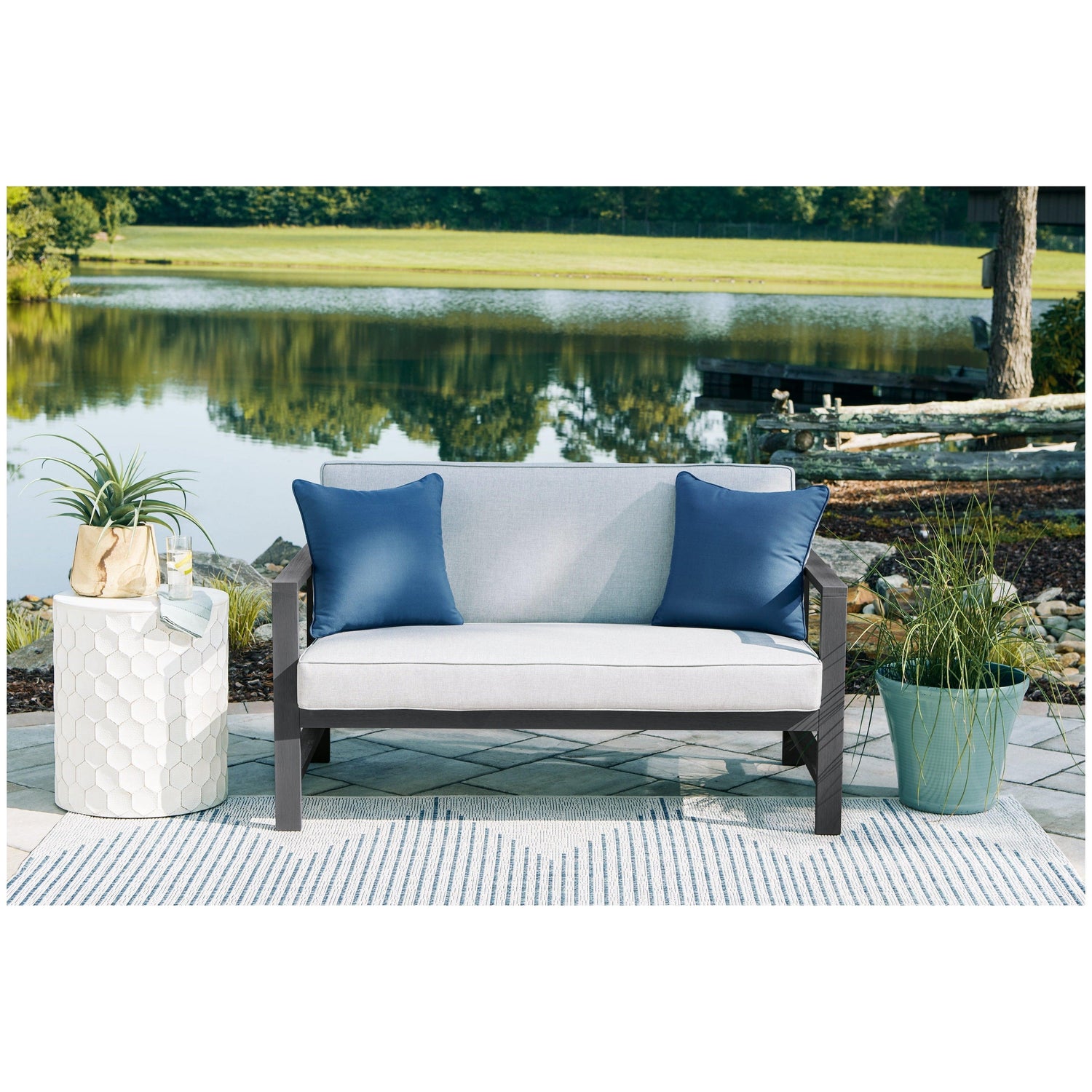 Fynnegan Outdoor Loveseat with Table (Set of 2) Ash-P349-034