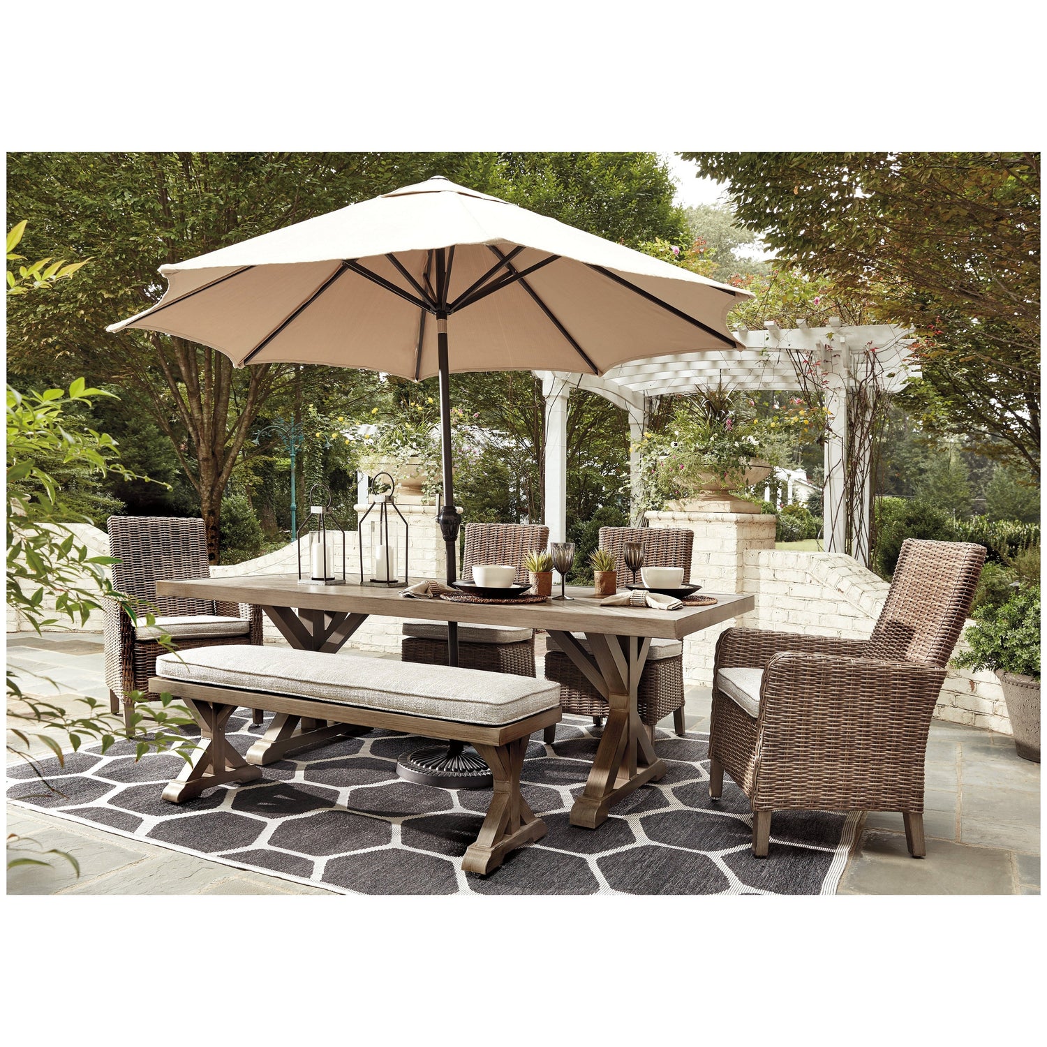 Beachcroft Outdoor Dining Table with 4 Chairs and Bench Ash-P791P4