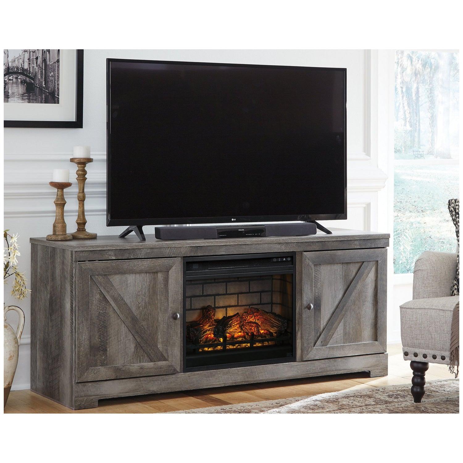Wynnlow 63&quot; TV Stand with Electric Fireplace Ash-W440W9